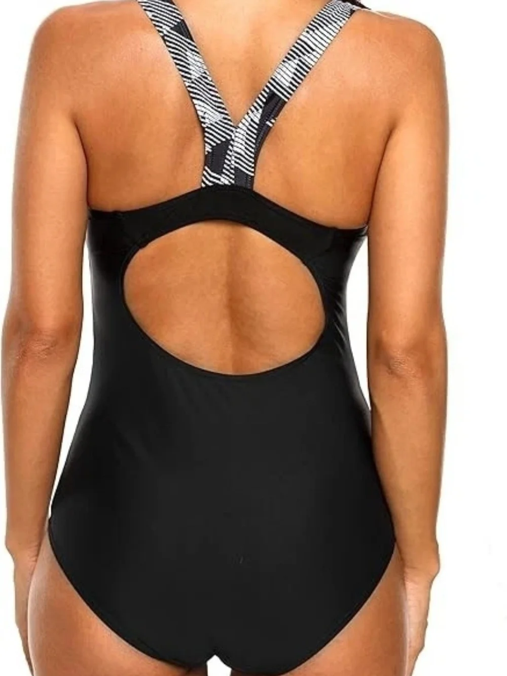 ☆Women's Black One-Piece Swim Suit with Patterned Side Panels Large